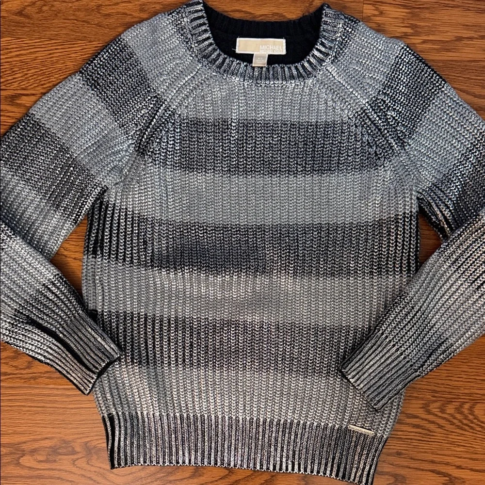 Michael Kors metallic coated Black and Silver Striped Crewneck Sweater